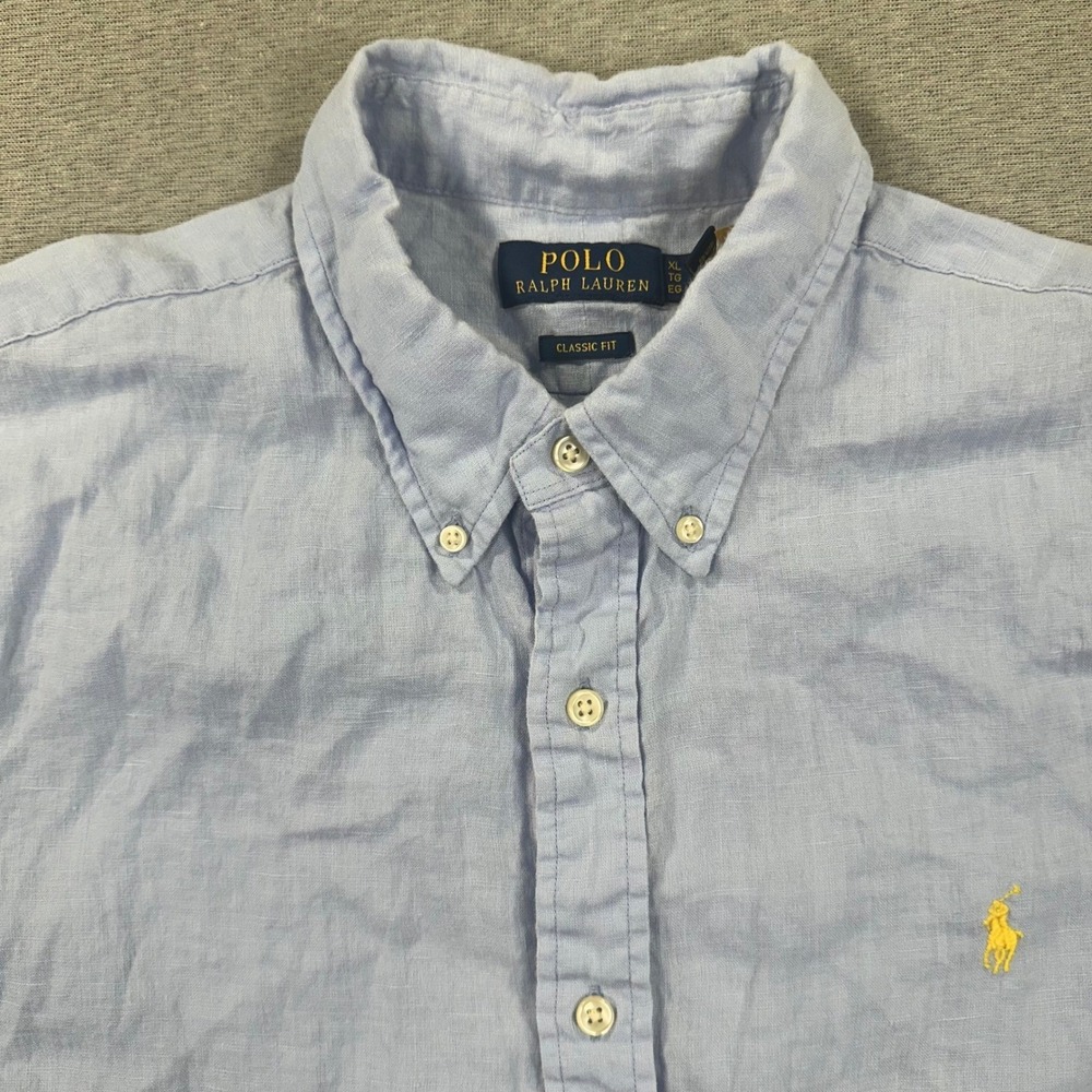 Polo Ralph Lauren Linen Shirt Mens XL Classic Fit Light Blue Short Sleeve Preppy